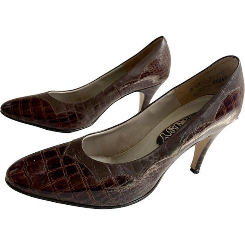 70s Brown Faux Reptile Pumps High Heels 8 Daisy